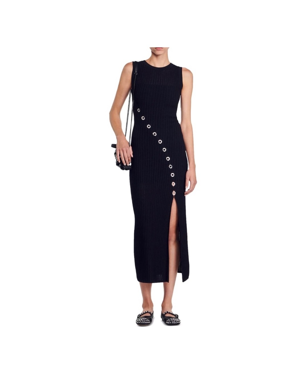 Sandro sleeveless Black Ribbed Midi Dress with Diagonal Eyelet Detail!NWT 36 - Picture 2 of 3